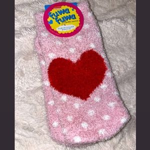 Cute fuzzy pink socks with red heart